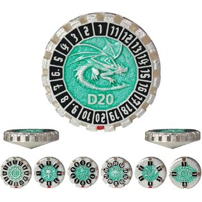 Metal DND Dice Set, 7 Spinning Dice, Metal Spinning Dice, D&D Role Playing Dice Set for Dungeons and Dragons, D&D or Crime Themed Tabletop Games (Silver and Green)
