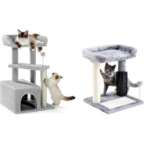 Made4Pets Carpet Cat Tower Grey, Scratching Post for Indoors Cats, Soft Plush Cat Perch Bed with Dangling Ball