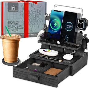 Black Solid Wood Phone Docking Station for up to 3 Phones - Nightstand Organizer for Men & Women Holds Multiple Phones, Tablets, Apple Watch & More - Neatly Stores Keys, Rings, Glasses & EDC in Kuwait