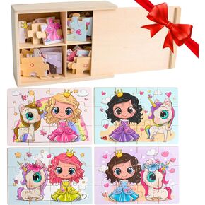 4-in-1 Princess Jigsaw Buzzles for Kids ، الألغاز الخشبية للأطفال الذين تتراوح أعمارهم بين 3-5 48 قطعة من الألغاز الخشبية للأطفال الصغار 3-5 ، والألغاز الخشبية للأطفال الصغار ، وهدية المهارات الأساسية للفتيات الأميرات