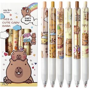 6 Pcs Capybala Retractable Cute Cartoon Capybara Pens 0.5mm Black Ink Soft Grip Gel Ink Aesthetic Office School Supplies for Girls Boys Women Men