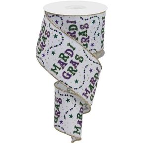 Mardi Gras and Beads on Royal Canvas Wired Edge Ribbon - 10 ياردة (أبيض ، ذهبي ، أرجواني ، أخضر ، 2.5 ")