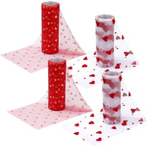 Vitalcozy 4 Rolls Heart Mesh Tulle Roll Valentine 'يوم حمراء القلب شبكة Tulle Ribbon 10 ياردة النسيج الشبك