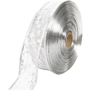 2 بوصة Silver Star Ribbon Wired عيد الميلاد الشفاف الشفاف الأورجانزا الشريط الواسع ملاحظة اللمعان شرائط شفافة معدنية كبيرة مع التخزين المؤقت لصنع الخياطة باقات عيد الميلاد الزفاف