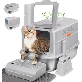 ELEGX Odor-Control Stainless Steel Cat Litter Box,XL Large 4-in-1 Cat Metal Litter Box Set,Enclosed Removable Metal Litter Box with High Sided Enclosure,Cat Litter Mat & Scoop,Extremely Easy to Clean