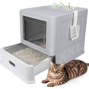 صندوق فضلات القطط من الفولاذ المقاوم للصدأ للتحكم في الرائحة من ELEGX، طقم صندوق فضلات معدني كبير 4 في 1 للقطط، صندوق فضلات معدني مغلق قابل للإزالة مع حاوية عالية الجوانب، بساط فضلات القطط ومغرفة، سهل التنظيف للغاية in Kuwait