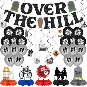 Eersida Over the Hill عيد ميلاد الزخارف مع Bove the Hill Banner 20 Balloon 9 معلقة دوامة 5 سن القدر من الزخارف الزخرفة 9 شريط معلق زخرفة لقضاء عيد ميلاد الشيخوخة (الأسود)