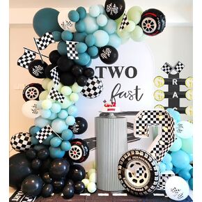 Balloons Barty Party Party Arch Kit ، 177pcs سباق حفلات سيارة Race Dusty Blue Black Dusty Green & Wheels بالون والعلم المتقلب للأطفال Racing Car موضوع اثنين من لوازم الحفلات السريعة