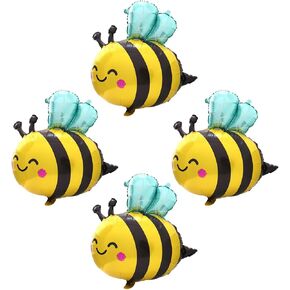 Cartoon Animal Honeybee Shaped Balloon Bee Birthday Supplies Spring Summer Party Decoration Baby Shower, 4 Pack Happy Bee Balloons Cute Smile Face Honeybee Balloon Woodland Jungle Party Decoration