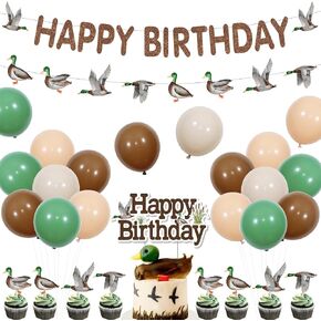 Mallard Duck Birthday Party Decorations for Boy ، Duck Thief Party Supplies with Happy Birthday Banner ، Duck Cake Topper ، 24pcs Cupcake Toppers ، Balloons