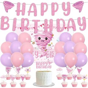 تشمل زخارف حفلة Pink Tornado ، وتوازم حفلات عيد ميلاد الإعصار لافتة عيد ميلاد ، و Topper Cake ، والبالونات ، وقطعة قماش خلفية ، مناسبة لزخارف الحفلات ذات الطابع الأعاصير