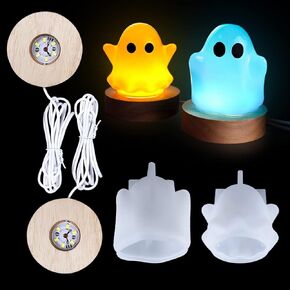 FineInno 2 Pcs Halloween Resin Molds Ghost Shape Night Light Epoxy Casting Molds LED Lamp Silicone Molds with Wooden Lighted Base for Halloween Decoration