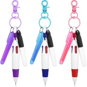 Badge Pens for Nurse, 3Sets Keychain Pens Include Ballpoint Pen, Highlighter, Permanent Marker Pen with Keychain Clip, Mini Highlighters for Badge Accessories, Multicolor Write for Office