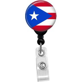 Puerto Rico Flag Retractable Cenlable - اسم بطاقة الهوية علامة مخصصة Puerto Rican National Flag Badge حامل (بكرة شارة سوداء مع مقطع شريحة الحزام)