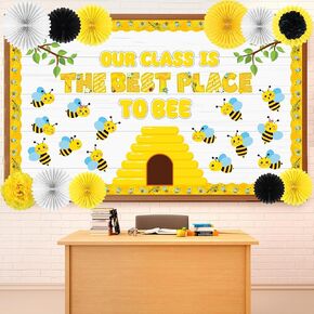 Bee Classroom Bulletin Board Decorations 3D Bee Hive Cutouts with Paper Fans Pom Poms Our Class is to Be The Best Place Cutouts for Student Spring Wall Chalkboard Back to School Supplies