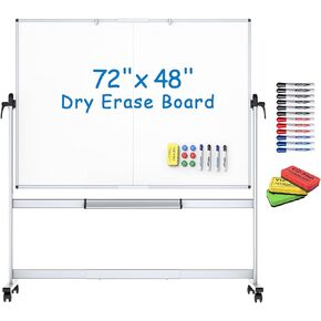 VIZ-PRO Double-Sided Mobile Whiteboard, 72 x 48 Inches, Magnetic Rolling Dry Erase White Board on Wheels with 4 Dry Erasers & 16 Markers & 6 Magnets