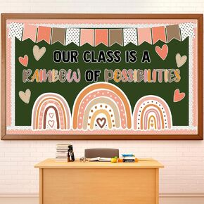 45Pcs Boho Rainbow Bulletin Board Decorations Rainbow Cutouts Classroom Bulletin Board Set Decoration Motivational Cut Outs for Wall Decor Chalkboard Back to School Teacher Supplies