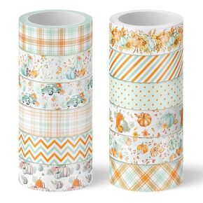 Whaline 12 Rolls Fall Washi Tape Autumn Pumpkin Plaid Plaid Truck Washi Tape Cyan Orange Harvest Tare Target Targe for Hanciving Scrapbook Journal DIY Art Craft Gift Flapies Supplies