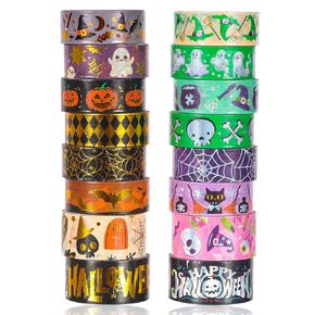 AEBORN HALLOWEEN WASHI TAPE SET - 16 لفائف من الأشرطة الزخرفية للعطلات الذهبية مع القط واليقطين والشبح والساحرة ، مثالية لمجلة Bullet Journal ، DIY ، مخطط ، سجل قصاصات ، عبوات الهدايا