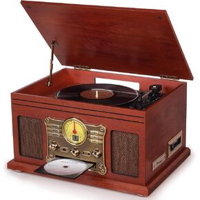 10 in 1 Bluetooth Record Player, 3-Speed Turntable for Vinyl with Speakers, LP to MP3 Converter, CD, Cassette Player, FM Radio, Wireless Streaming | Mahogany