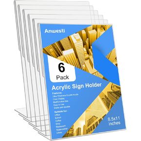 حامل علامة الأكريليك 8.5 × 11 بوصة 6 حزمة ، إطارات الاكريليك المائلة ، حامل علامة بلاستيكية واضحة للمكتب ، الأحداث ، المدرسة ، متجر ، مقصورة البائع عناصر عرض