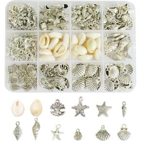 1 Box of 180Pcs Shell Charm Set Antiqued Silver Alloy Seashells For Bracelet Necklace Pendant DIY Jewelry Making Shells Beads Summer Beach Craft Decor
