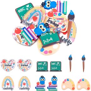 Craftdady 12Pcs Study Theme Charms Back to School Flatback Acrylic Heart Rectangle Owl Arch Pen Pendant Cute Cartoon Dangle Charms for Teacher's Day Earring Keychain Lanyard Making