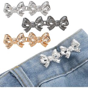 Adjustable Waist Buckle for Jeans, 6 Pairs Waist Tightener Buttons for Women, Bow Waist Pin Button for Pants and Skirts, Stylish Jean Buttons for Loose Jeans, Silver, Gold, Black