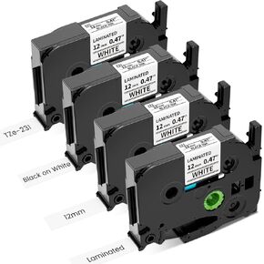 Tz tze Tape 12mm 0.47 Laminated White Label Tape 12mm Replacement for Brother Label Maker Tape TZ P Touch tze-231 TZe231 Black on White for Brother PTD220 PT-D210 PTH110 PTH111,4PK Airmall