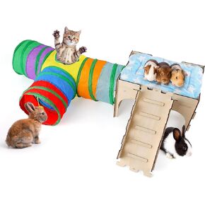 hiimalex 3-in-1 Gift for Bunny: Rabbit Wooden Castle with Ramp, Plush Bed and Collasiple Tunnel for Indoor Rabbit Guinea Pigs Hamsters Chinchilla Gerbil Hedgehog to Play Hide and Rest
