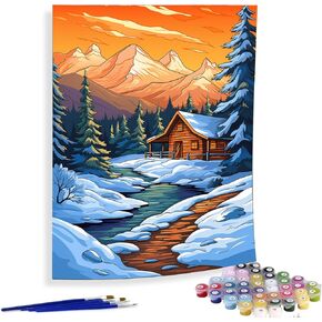 Diymood Paint by Numbers Kits for Adults Hut, DIY Oil Painting Snow Acrylic Paint by Number for Adults Beginner with Brushes for Home Wall Decor 16x20 inch