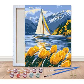 Bimkole Framed Paint by Numbers Kit for Adults Tulip Boat, DIY Oil Painting Kit on Canvas with Paintbrushes and Acrylic Pigment, for Paint by Numbers Beginner, for Home Wall Decor 8x12inch/20x30 cm