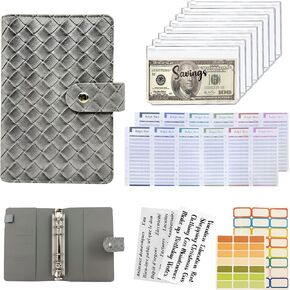 Braided a6 Gray Budget Binder Money Wallet Organizer Planner with Zipper Cash Envelopes Sheets and Stickers for Both Women and Men Office Holder leather-005GRY