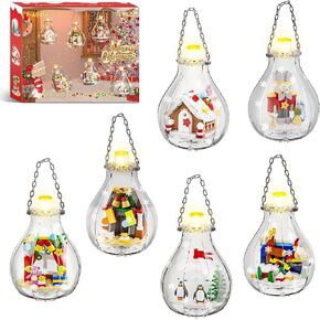 Christmas Ornaments Building Set with Light, 6 Pack Christmas Tree Décor with Santa Claus Elk Nutcracker Penguin Building Toys, Christmas Party Gifts for Kids Boys and Girls Aged 6+