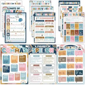chiazllta 12Pcs Educational English Grammar Poster Classroom Decoration Parts of Speech Chart Posters English Bulletin Board for Teachers Middle High School Decor Supplies Classroom Must Haves(Boho)