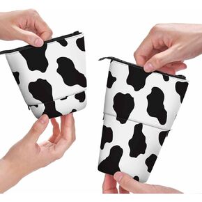 Swono Cow Pencil Holder Animal Skin Fur Spots Stand Up Pencil Case Organizer Pencil Pouch Cosmetics Bag For Women Men Black White