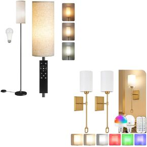 Dimmable Floor Lamp & Wireless Wall Sconces Bundle, Corner Floor Lamp with Remote, Battery Operated Light Bulbs 15 Colors Selectable, E06LD05-D04YBP205