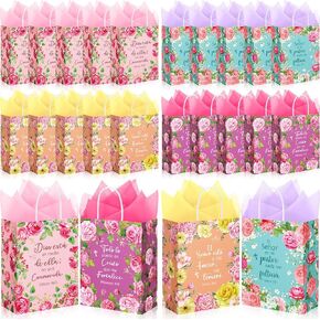 Kolldenn 24 Pcs Spanish Christian Gift Bags for Women Bulk Spanish Inspirational Gift Bags with Tissue Paper Bolsas De Regalo Pequeñas for Mom Grandma Wife Mother's Day Present Wrapping Supplies