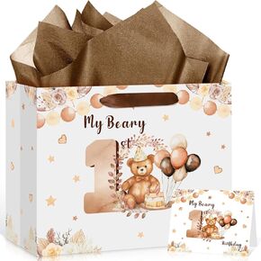 Beary First Birthday Decorations, My Beary 1st Birthday Gift Bags with Wrapping Tissue Paper Greeting Card for Boys Girls Kids Happy 1st Birthday Baby Shower Christmas Party Favors Decor Supplies