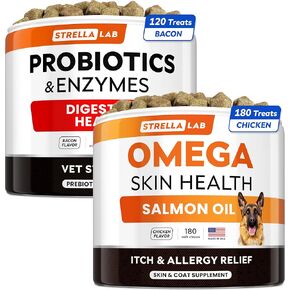 Omega 3 + Vet Strength Dog Probiotics Bundle - Allergy &Itch Relief Skin & Coat Supplement - 1 Billion CFU + Digestive Enzymes - Diarrhea, Gas, Constipation, Upset Stomach Relief - 300ct - Made in USA