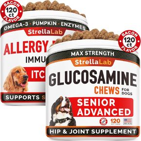 Allergy Relief + Advanced Glucosamine for Dogs Bundle - Itchy Skin Treatment + Hip & Joint Pain Relief - Omega 3 & Pumpkin + Chondroitin, MSM - Allergy Supplement, Hotspot Relief - 240ct - Made in USA