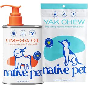 Native Pet Omega Oil for Dogs - Dog Fish Oil Supplements & Yak Chews for Dogs | Pasture-Raised and Organic Yak Cheese Himalayan Churpi Chews | 8 Oz. & 3 Medium Yak Chews