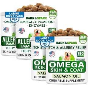 Bark & ​​Spark Allergy Relief + Omega 3 Bundle - مضاد للبشرة ومعطف + حساسية من الجلد - أوميغا 3 زيت السمك + حمض EPA و DHA الدهني - الحكة والعق في صحة المفاصل - 240 مضغ + 360 مضغ - مصنوعة في الولايات المتحدة الأمريكية
