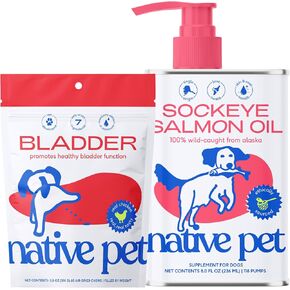 حزمة Pet Pet Native و Omega Boost حزمة: مضغ المثانة للكلاب (60 مضغ مجففة الهواء) وزيت السلمون Sockeye (8 أوقية.) - علاج التهاب المسالك البولية والوقاية بالإضافة إلى البشرة الصحية ، معاطف لامعة ، مفاصل سعيدة!