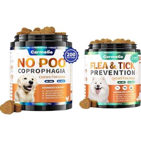 No Poo Chews + Duck Flavor Flea Chews for Dogs - 200 Each - Stool Eating Deterrent with Probiotics + Natural Flea & Tick Prevention for All Breeds - Oral Flea Support