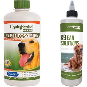 LIQUIDHEALTH Pets K9 Glucosamine Chondroitin Hip & Joint Formula & K9 Ear Solutions Cleaner for Dogs & Puppies - Pet Bundle for Dog Joint Health, Ear Wash Solution, Canine Hygiene, Cleaning Treatment