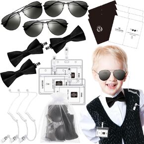 MEPase 18 PCS هدايا RING RING RING WEDDER CERNER CHESS CHEST RING BEARER BOW TIE ، شارة الأمن ، نظارة شمسية ، سماعة الأذن ، CARD و LISTRINGA FOR KIDS SERCER SERVICE SERCIME