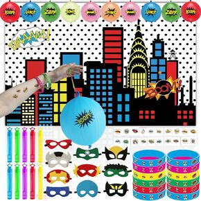 63 PCS Hero Party تفضل ديكورات عيد الميلاد تشمل Hero City Backdrop (7x5ft) ، أقنعة ، بالونات لكمة ، أساور ، ملصقات الوشم ، صولج الفقاعات لمصالح المهرجان ، الزخارف ، الجوائز
