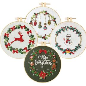 Huacan Embroidery Kits Christmas for Adults Beginner 4 Pcs DIY Cross Stitch Stamped Pattern Stitching Sewing Kit 7.9 x 7.9 Inch