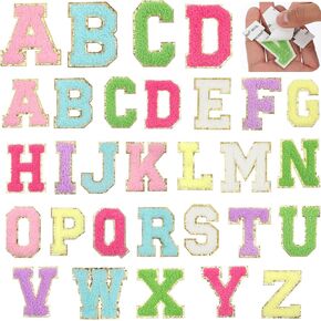 26pcs أحرف تصحيحات لماشية تشنيل بقع A-Z الأبجدية المطرزة preppy patche مع بريق للملابس على ظهر حقيبة الظهر DIY إصلاح قبعة （2.2 × 1.6 بوصة） (الذهب الوردي)